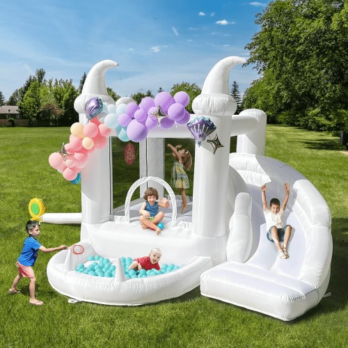 White Bounce House with Slide & Ball Pit Wizard Bouncy Castle with Air Blower (Wizard Magic Hat Design)