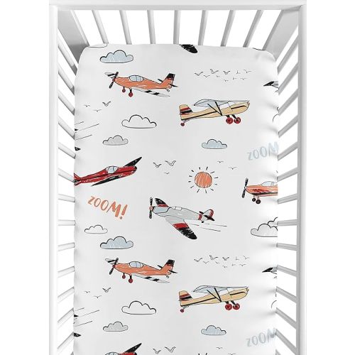 Sweet Jojo Designs Vintage Airplane Boy Fitted Crib Sheet Baby or Toddler Bed Nursery - Grey Yellow Orange Red White and Blue Airplanes Air Plane Transportation Clouds Sun Sky Aviator Aviation
