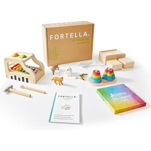 Fortella Montessori Toys for 1 Year Old, 6-in-1 Wooden Learning Educational Box Set with Ball Pounding Bench, Xylophone, Stacking Ring, Animal Figurines, Matching Cards, Developmental Toy Baby Gift