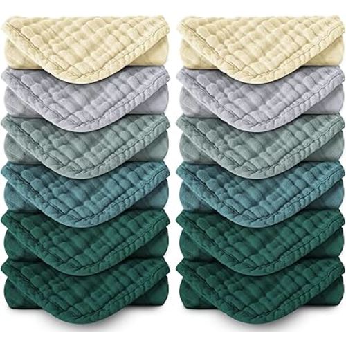 Muslin Burp Cloths 100% Cotton Large 20''x10'' Extra Soft and Absorbent Baby Wash Cloths Spit Up Rags - Baby Burping Cloth for Boys Girls Items(12 Pack Ivory, Slate and Emerald Series)