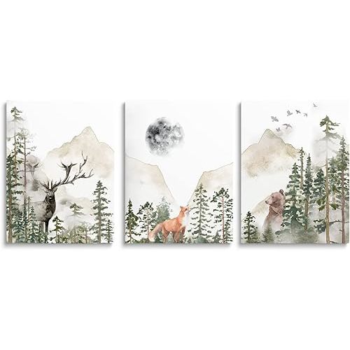 SKYSUKEY Nursery Wall Decor Foggy Forest Animal Wall Art Woodland Adventure Boy Nursery Decor Watercolor Mountain Outdoor Nature Canvas Prints for Boy's Room Girl's Room, Framed Set 3, 12"x16"