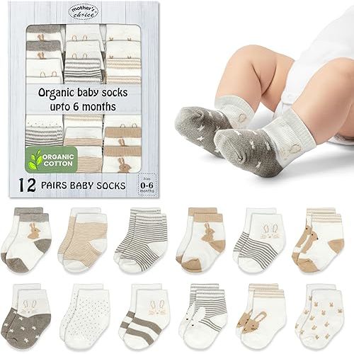 Mother's Choice Organic Baby Socks 0-6 Months - 12 Pairs, Cotton Infant Socks, Unisex (CA/US, Age, 0 Months, 6 Months, Brown,Gray,White)