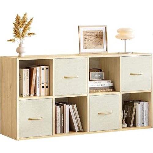 EXPERLAM 8 Cube Storage Organizer - Solid Wood Bookshelf with 4 Storage Bins, Cube Shelf with 2 Removable Back Panels, Vertical or Horizontal Bookcase, Open Book Shelf for Bedroom, Living Room, Office
