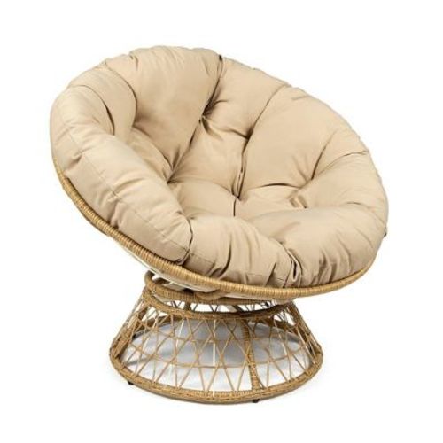 Milliard 35" Papasan 360 Degree Swivel Chair, Tan Cushion And Wood Color Frame