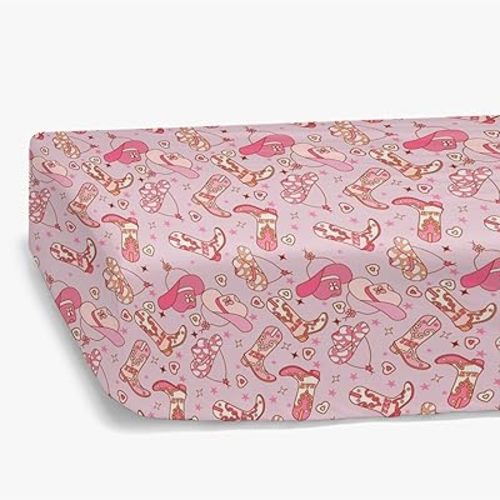 Western Cowgirl Yee Haw Hat Boots Fitted Standard Crib Sheet for Baby Girl, Pink Cow Lover Star Wild West Toddler Mattress Cover, Soft Breathable Stretchy Nursery Bed Sheets Decor Kids Gift 52" x 28"