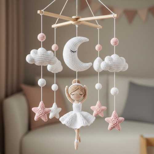 Handmade Felt Ballerina Mobile, Stars Baby Crib Mobile, Minimalist Nursery Mobile, Pink Ballerina Mobile For Baby Girl, Expecting Mom Gift