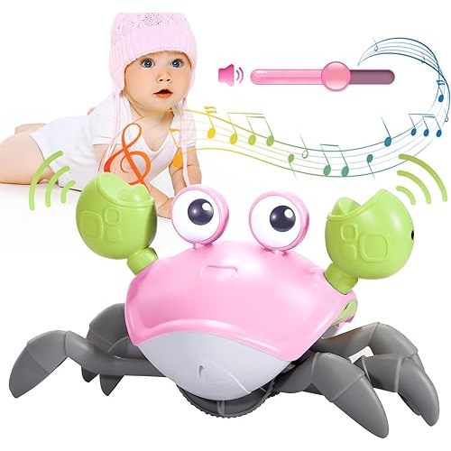 Crawling Crab Baby Toy Gifts Infant Tummy Time Toys Build in Rechargeable Battery and Adjustable Volume,Baby Toys with Music and LED Light for 0-6 6-12 1-3 4+ Year Old Boys Girls Toddler(Pink)