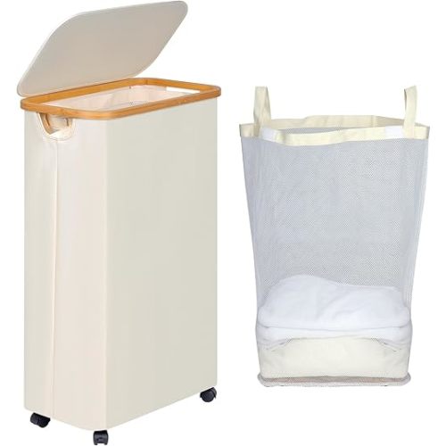 Slim Laundry Basket with Wheels, Narrow Rolling Laundry Hamper with Lid and Removable Bag, 75L Beige
