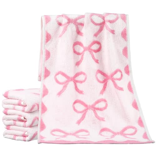 SmoothNovelty 4 Pcs Bow Hand Towels for Bathroom 13 x 29'' Soft 100% Cotton Coquette Face Towels Kitchen Decor Absorbent Facecloth Preppy Bathroom Decor Bridal Shower Wedding Gift(Pink)