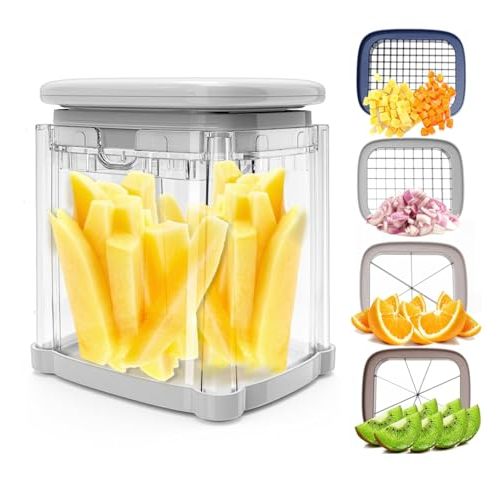 French Fry Cutter 4-in-1 – Potato Cutter for Fries, Onion Dicer, Food Chopper & Apple Slicer – Manual Hand Vegetable Cutter with 4 Blades