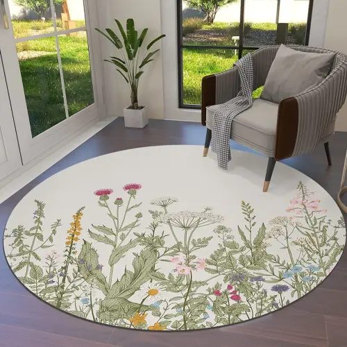 Indoor Area Rugs, Hand Drawn Flower Daisy Leaves Plants Wildflowers Vintage Floral Non-Slip Round Accent Area Floor Rug for Living Room Bedroom Kids Room College Dorm, 5 ft, 60 Inch
