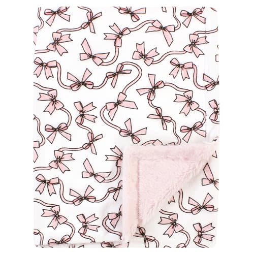 Hudson Baby Unisex Baby Plush Blanket with Furry Binding and Back, Pink Bows, One Size