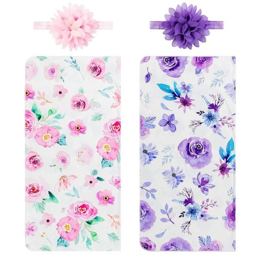 R HORSE Newborn Baby Swaddle Blankets Headband Sets Including 2 Pack of Floral Pattern Receiving Blanket & Headband for Baby Shower Newborn Gift (0-3 Months)
