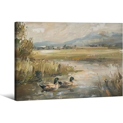 Mallard Duck Pond Poster Animal Farmhouse Canvas Wall Art Vintage Duck Painting Oil Painting 12x16 inch Framed Bird Hunter Gift for Rustic Cabin Nursery Wall Decor