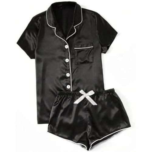 Silk Pajamas for Women Set Button down Short Sleeve Top Shorts 2 Piece Pjs Set Comfy Cute Summer Sleepwear Loungewear