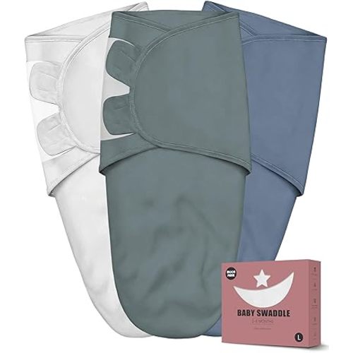 Newborn Swaddle Blanket Wrap 0-6 Months (3-Pack) - Adjustable Infant Sleep Sack, 100% Cotton Anti-Startle Soothing Sack, Soft Breathable Nursery Bedding - Midnight Navy + Slate Blue + Aegean Mist