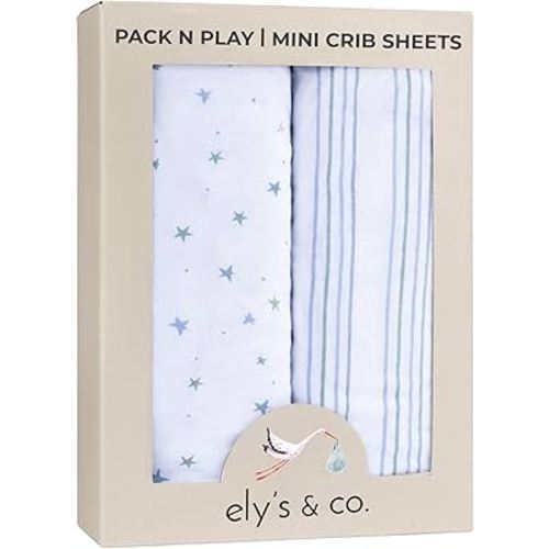 Ely’s & Co. Pack and Play Sheets, for Mini/Portable Crib, 2 Pack Fitted Playpen Play Yard Sheet Set Compatible with Graco Pack n Play, for Baby Boys, 100% Cotton, Blue Stars and Stripes, 38”x24”x5”