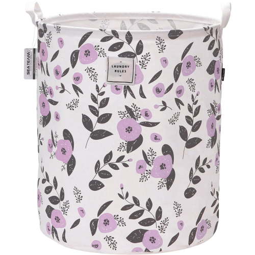 Sea Team 19.7 x 15.7 Inches Large Sized Folding Cylindric Canvas Fabric Laundry Hamper Storage Basket with Floral Pattern, Purple & Grey