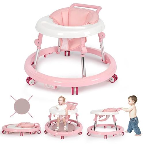 Baby Walker Foldable with 9 Adjustable Heights, Baby Walkers and Activity Center for Girls Boys Babies 7-18 Months, Baby Walker with Wheels Portable Anti-Rollover (Pink)