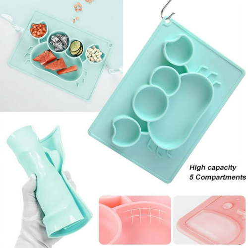 JUNWELL Baby Suction Silicone Plate, Portable Silicone Divided Placemat, Waterproof Baby Placemat Travel Food Mat, Non-Slip, Reusable and Easy Clean for Babies, Green