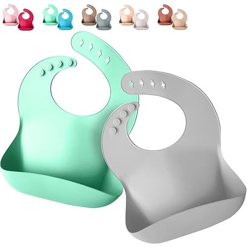 Sperric Silicone Baby Bibs - Soft Silicone Bib with Food Catcher and Waterproof Material - Adjustable Fit for Baby and Toddler (Light Blue & Cool Gray)