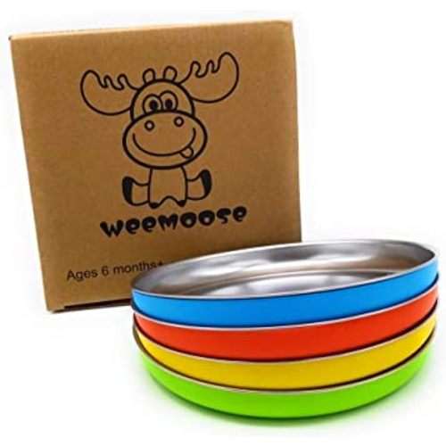 WeeMoose Premium 304 Stainless Steel Plates with Removable Silicone Shell | Set of 4 Plates | Baby Toddler Food Snack Container
