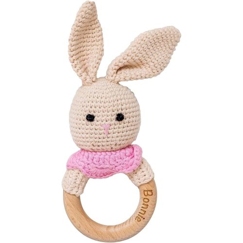 Personalized Baby Rattle with Name | Crochet Animals Bunny Rattle & Wooden Teether Ring | New Baby Boy, Girl, New Mom, Newborn, Gender Neutral Shower Gift | Includes Gift Bag - Ivory & Pink Bunny