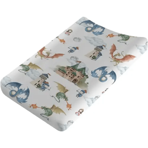 Fairytale Dragons Castle Changing Pad Cover Watercolor Dragon Princess Knight Moon Clouds Baby Nursery Diaper Change Pad Sheets for Boy Girl Soft Stretchy Fitted Changing Table Sheets Mats 32''x16''