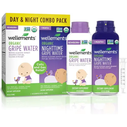 Wellements Organic Gripe Water for Babies Day & Night Combo Pack (4 Fl Oz) - Infant Gripe Water Newborn Calms Occasional Stomach Discomfort from Baby Gas, Colic, Hiccups & Fussiness - USDA Certified