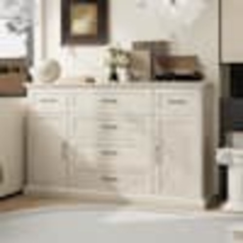FUFU&GAGA Beige Wooden Grain 6-Drawer 61 in. W Wood Chest of Drawers, Dresser, Sideborad with 4-Shelves, Thick Top and 2-Doors L-THD-260152-01+02-c