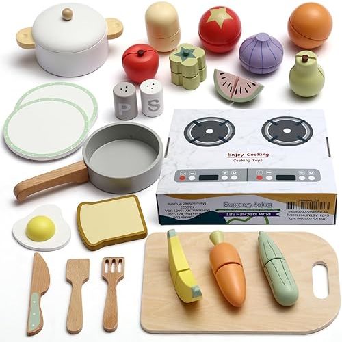 Wooden Food Set for Kids with Cookbook Magical Recipes, Wood Velcro Cutting Fruit and Vegetables Toy for Toddlers, Cooking Pretend Play, Kitchen Accessories, Early Education Toys