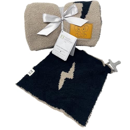 Lightning Bolt Baby Lovey Pacifier Holder & Blanket Combo - Cuddly Soft Knitted Mini Security Blanket and Knitted Throw - Newborn Gift Essential for Babies Boys and Girls (Black/Brown Combo)