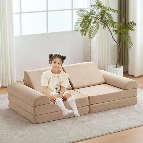 jela Kids Couch Large, Floor Sofa Modular Funiture for Kids, Luxury Corduroy Fabric Playhouse Play Set for Toddlers Babies, Modular Foam Play Couch Indoor Outdoor (57"x28"x18", Brown Sugar)