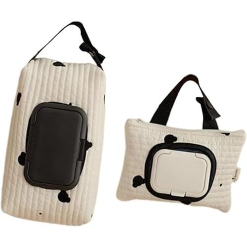 Baby Wipe Dispenser, Embroidered Cotton Linen Wipe Holder, Refillable Travel Wet Wipe Case for Strollers, Large Size Baby Wipes Carrying Case, Convenient Accessory for Parents On-the-Go(Black (2 pcs))