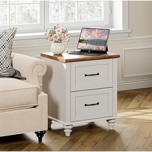 WAMPAT Off White Side Table Nightstand with Charging Station, Wooden End Table with 2 Drawers for Living Room, Mid Century Night Stand Modern Bedside Table for Bedroom, Kids Room
