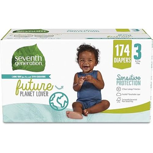 Seventh Generation Baby Diapers, Size 3, 174 count, One Month Supply, for Sensitive Skin