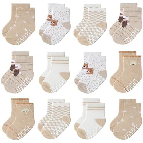 JAKIDAR 12-Pack Baby Toddler Non-Slip Socks - Soft Cotton Crew Socks for Boys Girls Cute & Stretchable with Anti-Skid Soles
