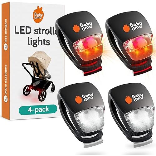 Baby Uma LED Stroller Lights (4-Pack) - Universal with 3 Light Modes (Constant/Pulse/Strobe), Buggy & Bike Lights Front and Back (2 White Headlights & 2 Red Taillights), Clip-On Bike Light
