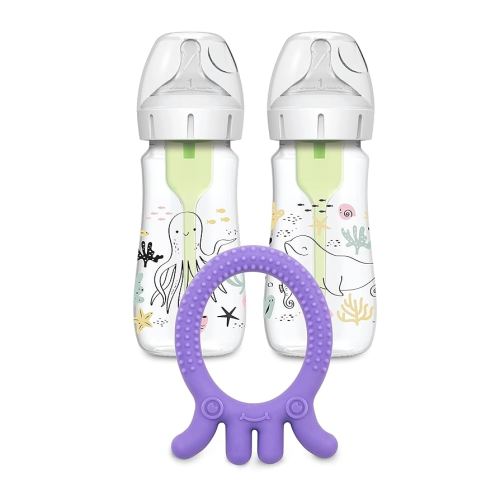 Dr. Brown’s Natural Flow® Anti-Colic Options+™ Wide-Neck Baby Bottle, Ocean Design, 9 oz/270 mL, Level 1 Nipple, 2-Pack, 0m+ with Flexees Friends Silicone Teether, Purple Octopus