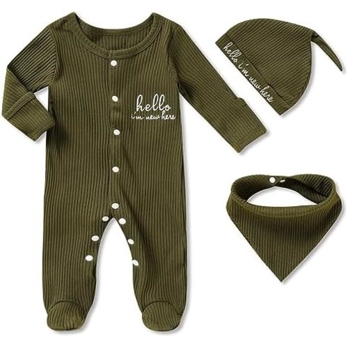 Newborn Infant Baby Boy Coming Homing Clothes Letter Print Button Knit Footed Romper Jumpsuit Hat Bibs 3pcs Outfit
