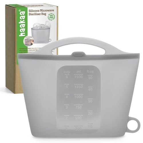 Haakaa Silicone Microwave Steam Sterilizer Bags for Travel, Reusable Silicone Steaming Bags for Baby Bottles, Breast Pump, Accessories, Pacifiers and Teethers, Great for Home and On-the-Go, Grey (1PC)