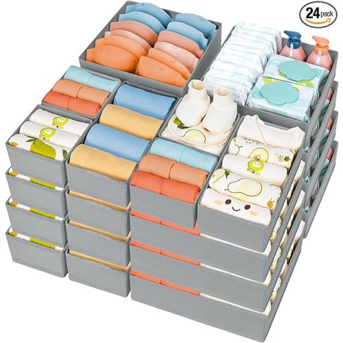 DIMJ Drawer Organizer Clothes, 24 Pack Dresser Organizer, Foldable Closet Organizers and Storage, Fabric Dresser Drawer Organizers, Drawer Dividers for Nursery, Baby Clothes, Underwears, Sock