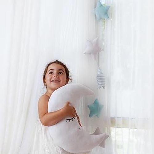 Perfectto Design Kid’s Moon Decorative Pillow, Stars Garland for Girls Toddler Room - Fluffy Moon, Stars Wall Decor, Soft Cute Throw Pillow for Bed, Bedroom Boho Teepee Ornament Decoration