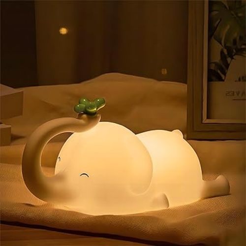 Cute Elephant Silicone Night Light LED Novelty Lamp 3 Level Dimmable Nursery Nightlight USB Rechargeable Timing Sleeping Lamp for Baby Kids Decor