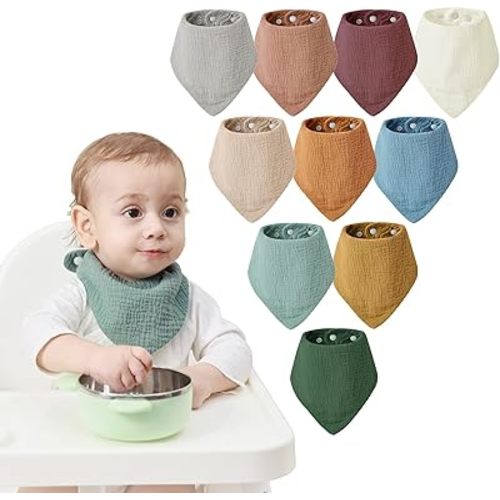 JELLYMONI 10 Pack Muslin Drool Bibs for Babies - Soft Adjustable Bandana Bib with Snaps, Absorbent Unisex Teething Bib for Newborn Girls & Boys