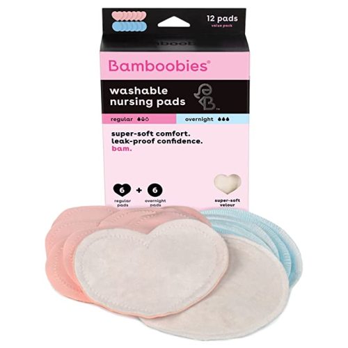 Bamboobies Women’s Overnight Nursing Pads, Reusable and Washable, Pink Regular and Blue Overnight, Variety Pack, Leak-Proof Pads for Breastfeeding, 6 Pairs