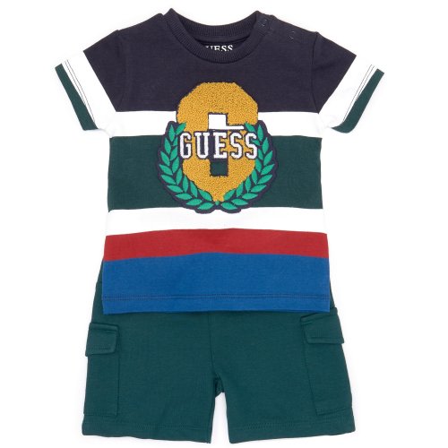 Guess Baby Boys 3-24 Months Short-Sleeve Embroidered Patch Striped Knit T-Shirt & Solid French Terry Shorts Set