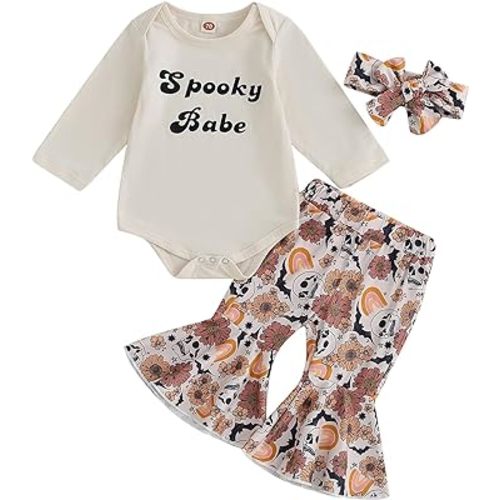 fhutpw Newborn Baby Girl Halloween Clothes Long Sleeve Romper Tops Pumpkin Bell-Bottom Pants Headband Infant Fall Outfits