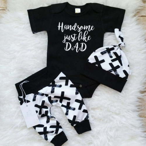 Qtinghua Newborn Baby Boy Clothes Handsome just Like Dad Letter Print Romper Tops+Long Pants+Hat Infant 3PCS Outfits Black 0-6 Months