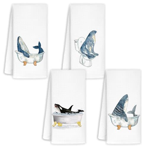 Jvpke Whale Shark Seal Coastal Beach Hand Towels for Bathroom Set of 4 - Nautical Hand Towels for Bathroom,Whale Decor, Nautical Beach Bathroom Decor,Ocean Bathroom Decor,16x24